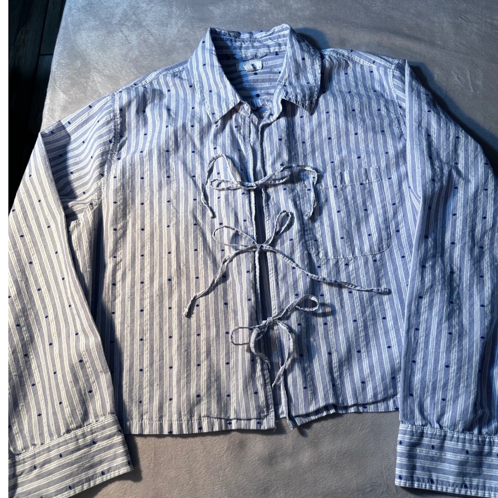 Aerie Blue White Striped Tie Front Cropped Long Sleeve Shirt Diamond Embroidered